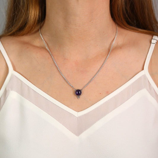 Amethyst Deep Purple Faceted Beaded Handmade Sterling Silver on 18" Wheat Chain Necklace