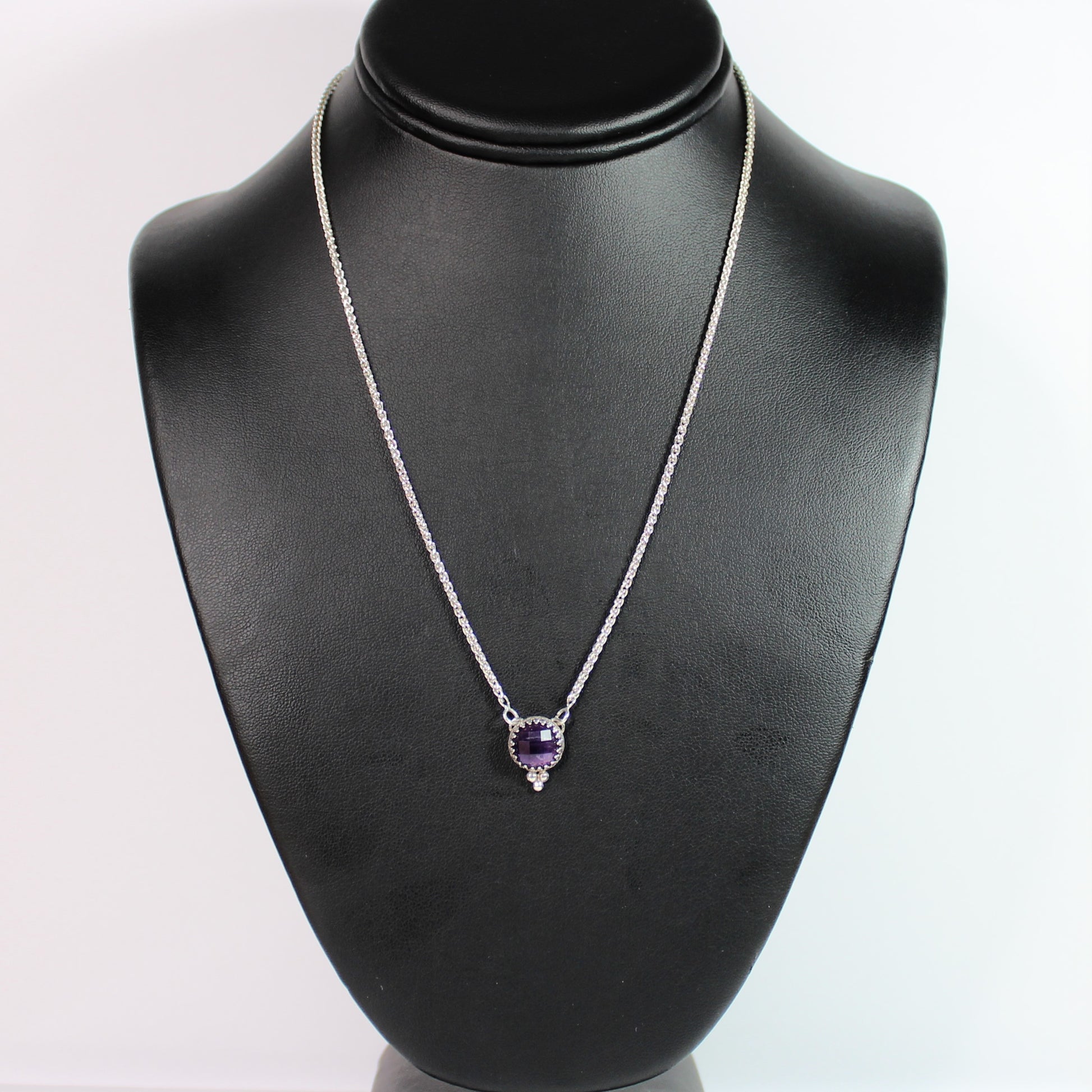 Amethyst Deep Purple Faceted Beaded Handmade Sterling Silver on 18" Wheat Chain Necklace