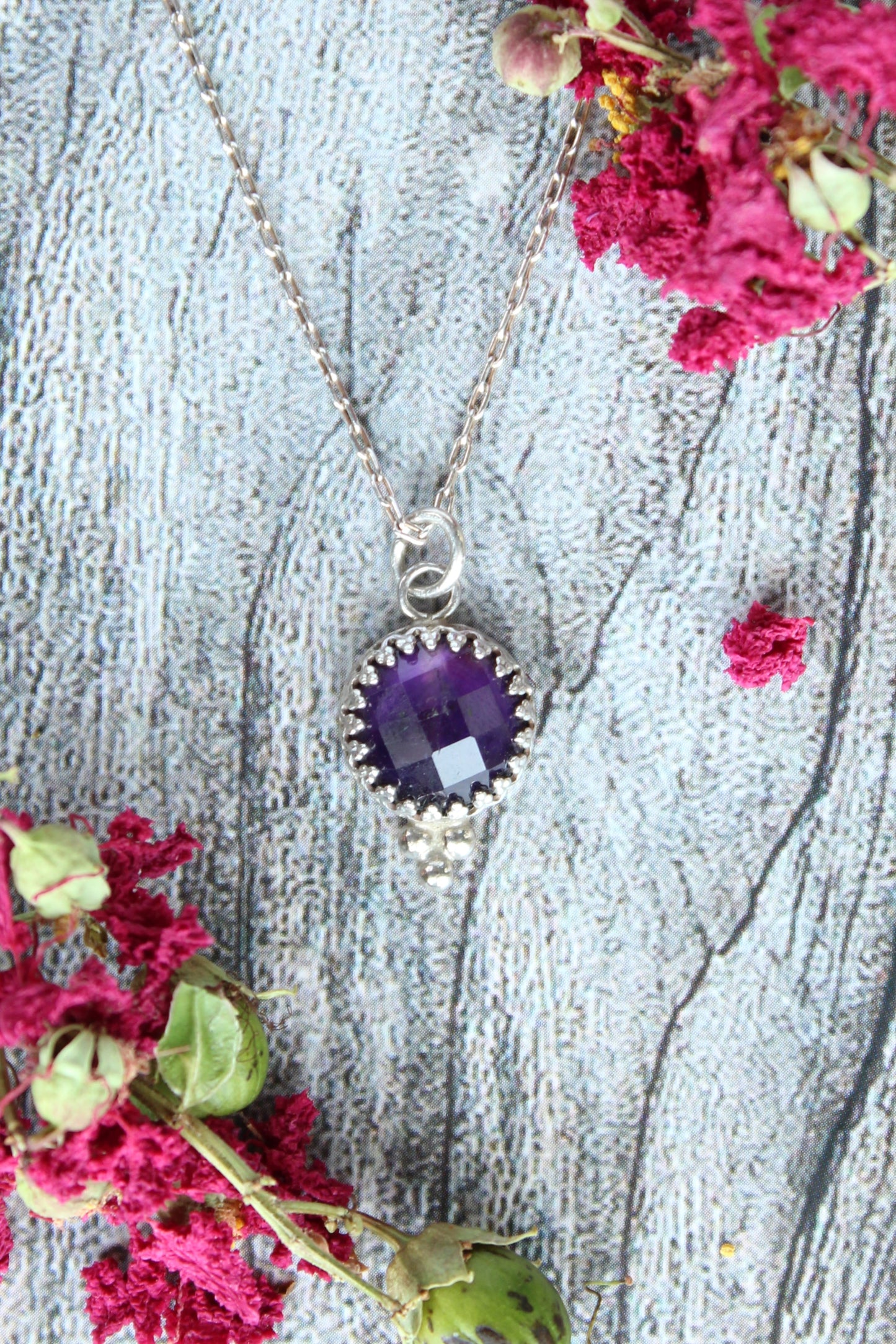 Amethyst Deep Purple Faceted Beaded Sterling Silver Pendant on 16" Rolo Chain Necklace. Handmade by Cara Carter Jewelry