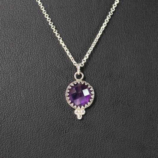 Amethyst Deep Purple Faceted Beaded Handmade Sterling Silver Pendant on 16" Rolo Chain Necklace
