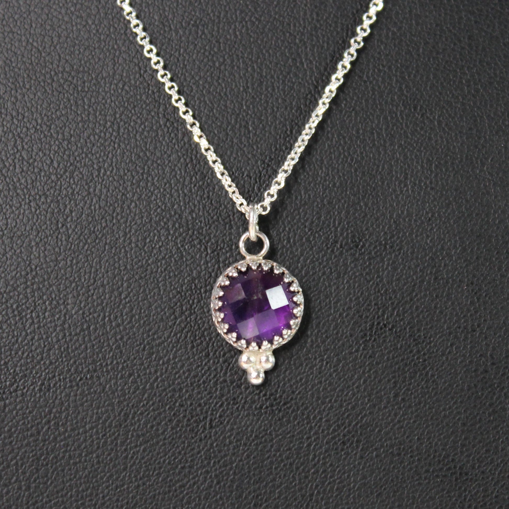 Amethyst Deep Purple Faceted Beaded Sterling Silver Pendant on 16" Rolo Chain Necklace. Handmade by Cara Carter Jewelry