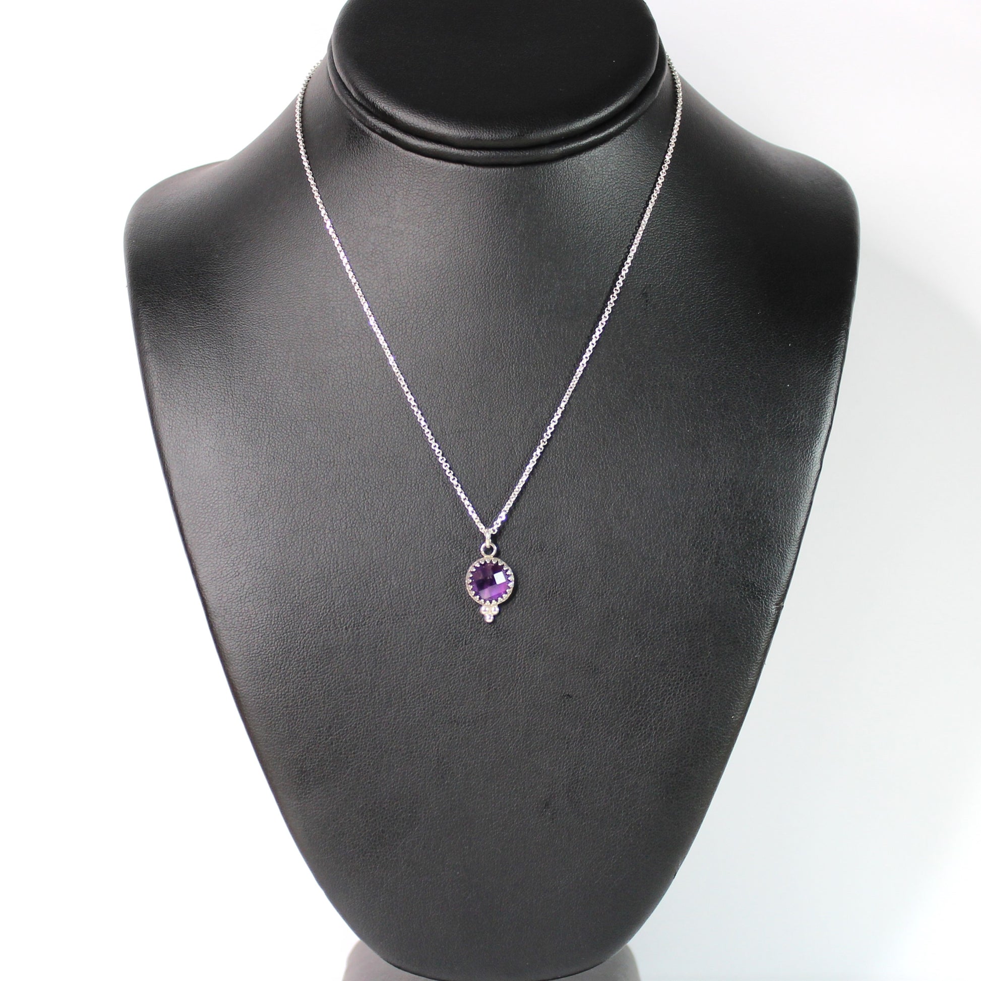 Amethyst Deep Purple Faceted Beaded Sterling Silver Pendant on 16" Rolo Chain Necklace. Handmade by Cara Carter Jewelry