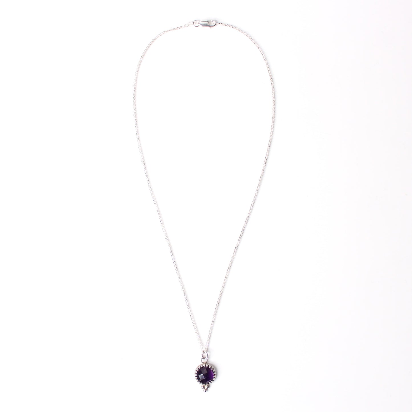 Amethyst Deep Purple Faceted Beaded Sterling Silver Pendant on 16" Rolo Chain Necklace. Handmade by Cara Carter Jewelry