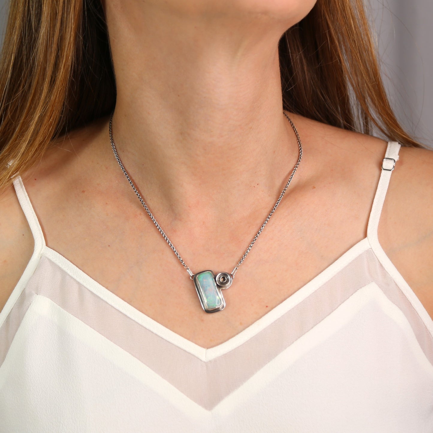 Atlantis Opal Pastel Gemstone set in an Architectural Design - Sterling Silver Necklace