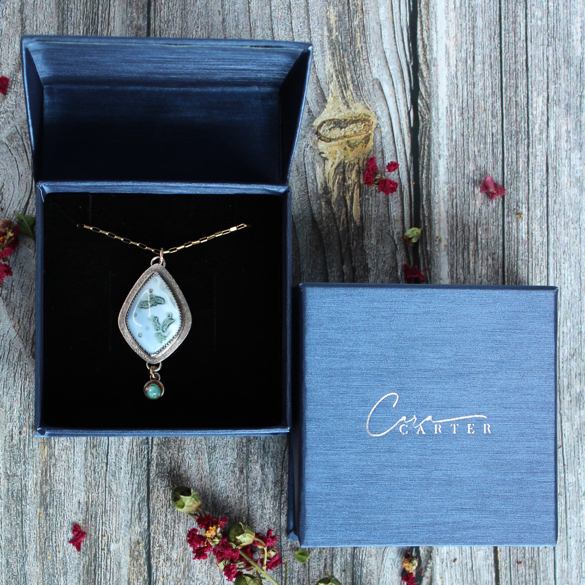 Australian Blue Opal and Faceted White Opal set in Sterling Silver and 14k gold-filled with 14k gold-filled necklace. One of a Kind and Handmade by Cara Carter Jewelry