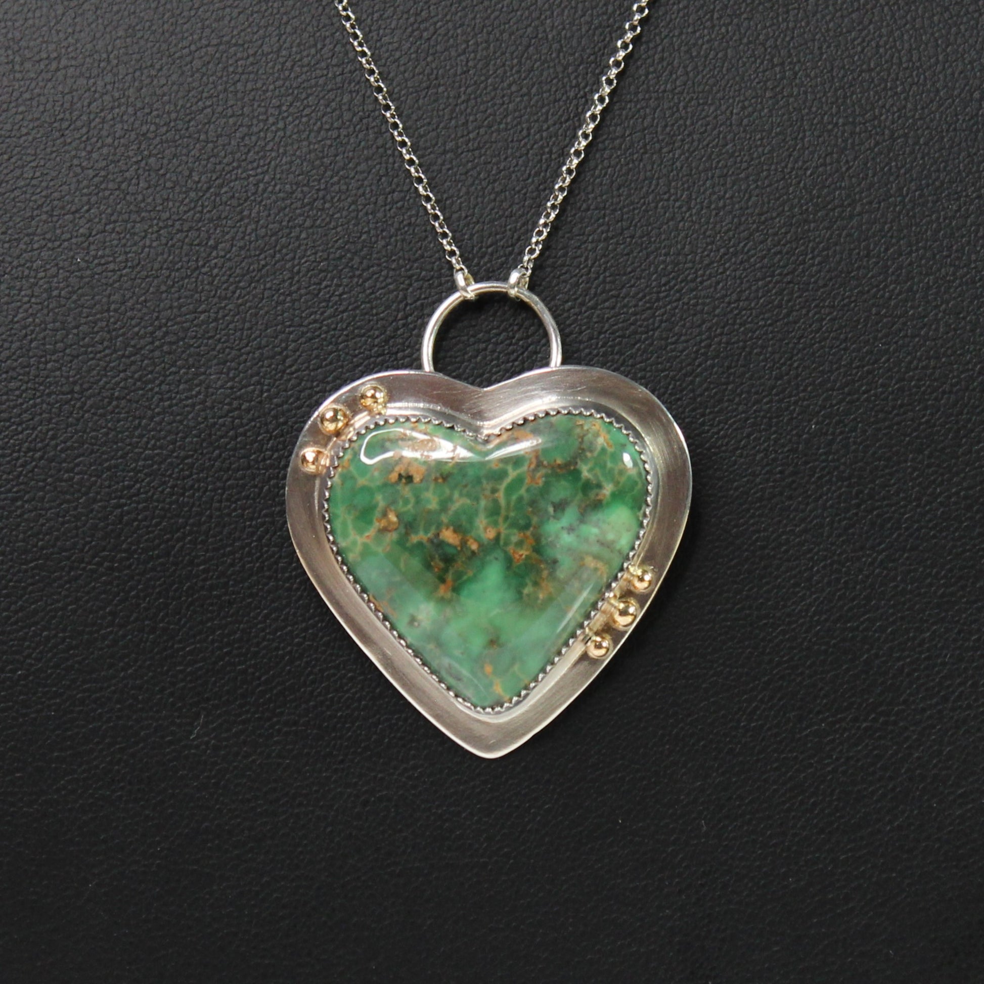 Australian Variscite Green Heart Shaped 16" Handmade Necklace in Sterling Silver and 18k Gold Beads
