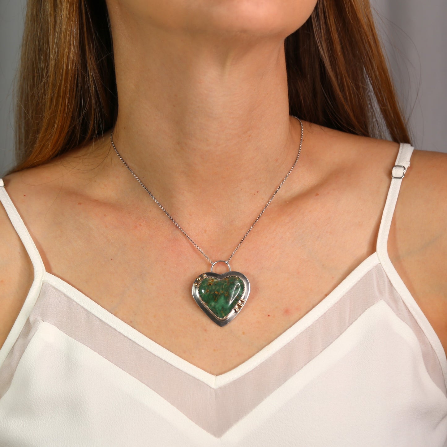 Australian Variscite Green Heart Shaped 16" Handmade Necklace in Sterling Silver and 18k Gold Beads
