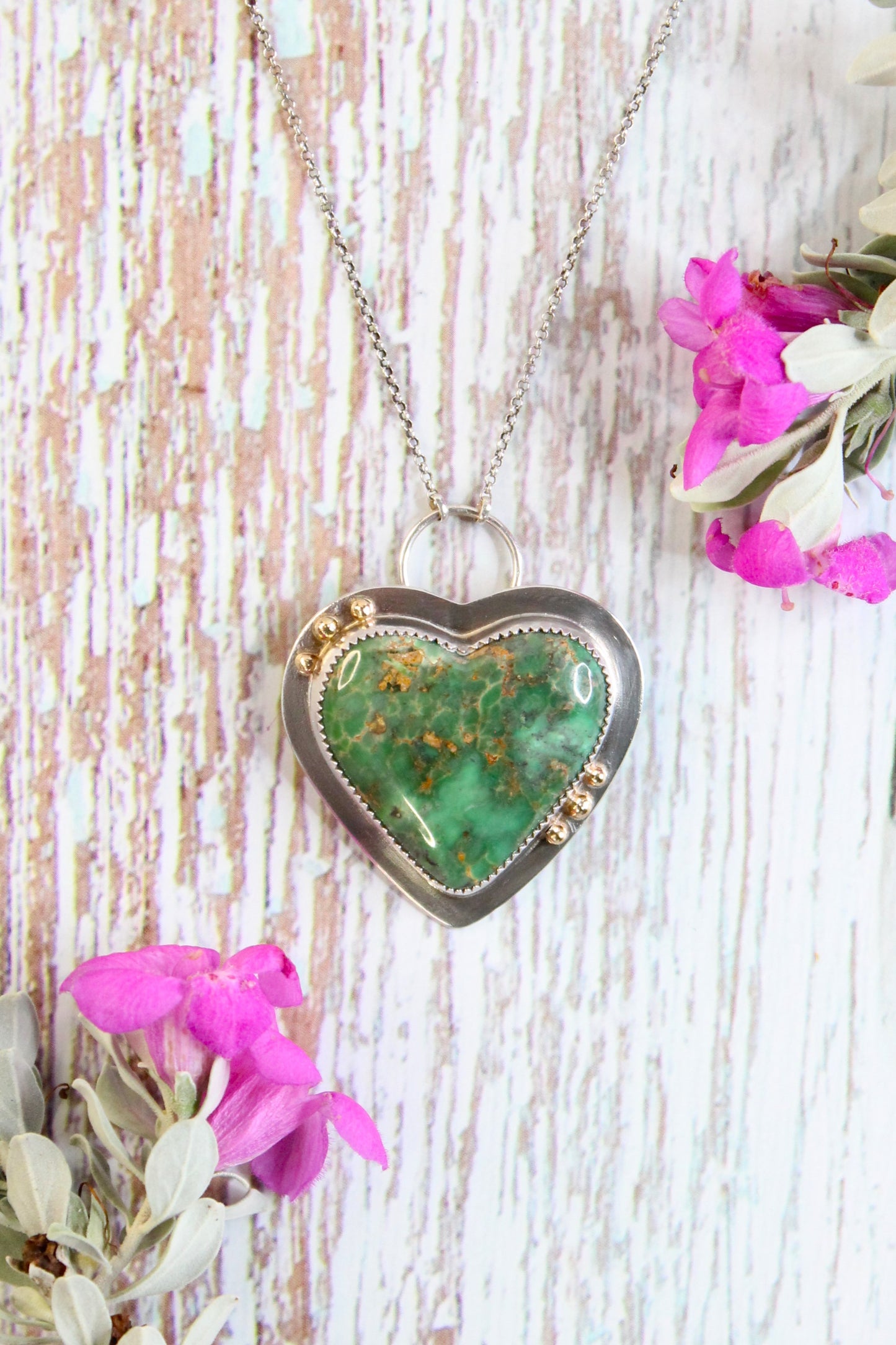 Australian Variscite Sterling Silver and 18k Gold Heart Necklace