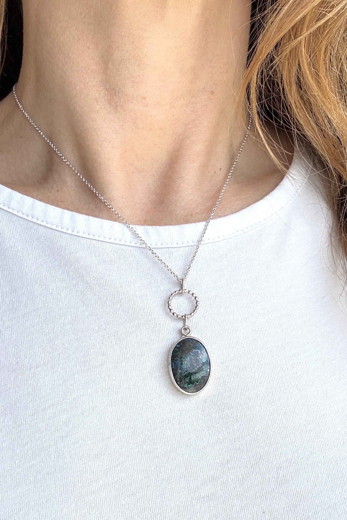 Azurite Malachite Single Beaded Circle Sterling Silver Necklace