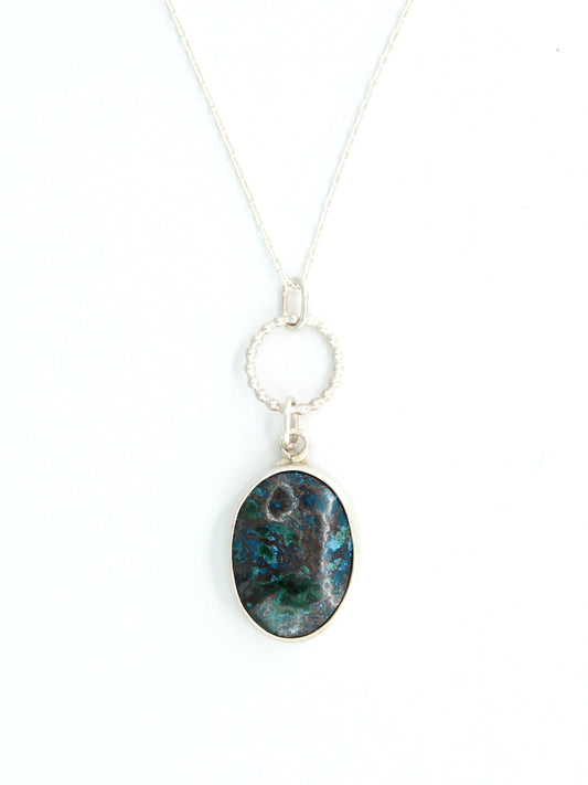 Azurite Malachite Single Beaded Circle Sterling Silver Necklace