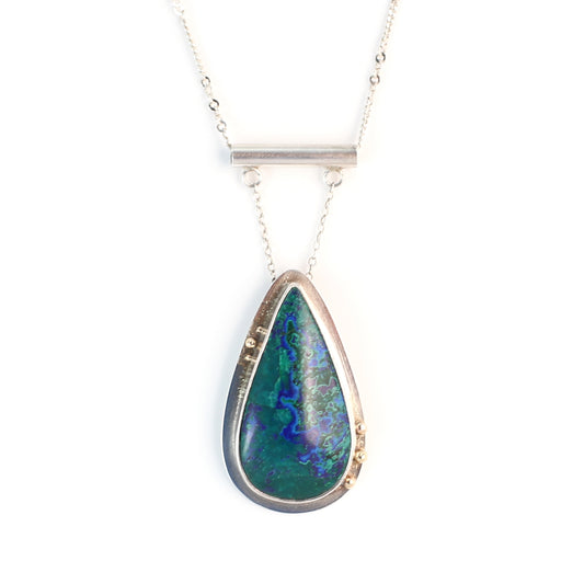 Azurite Malachite Blue Green Teardrop Gemstone Handmade Necklace in Sterling Silver and 14k Gold