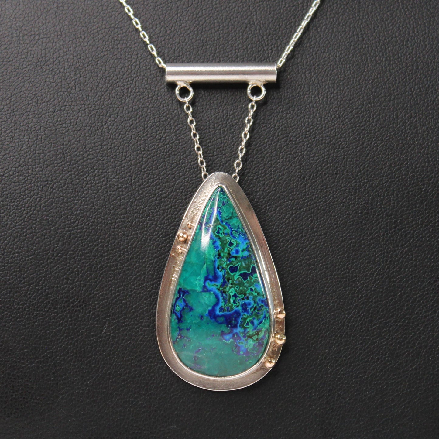 Azurite Malachite Blue Green Teardrop Gemstone Handmade Necklace in Sterling Silver and 14k Gold