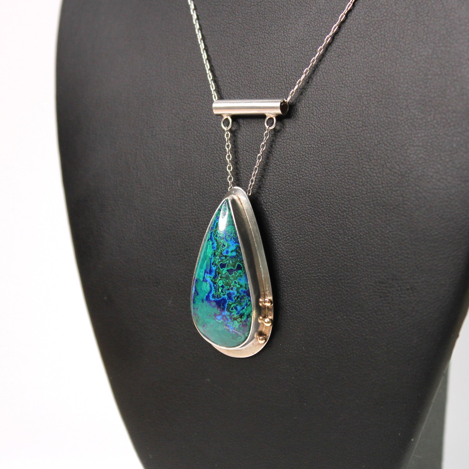 Azurite Malachite Blue Green Teardrop Gemstone Handmade Necklace in Sterling Silver and 14k Gold