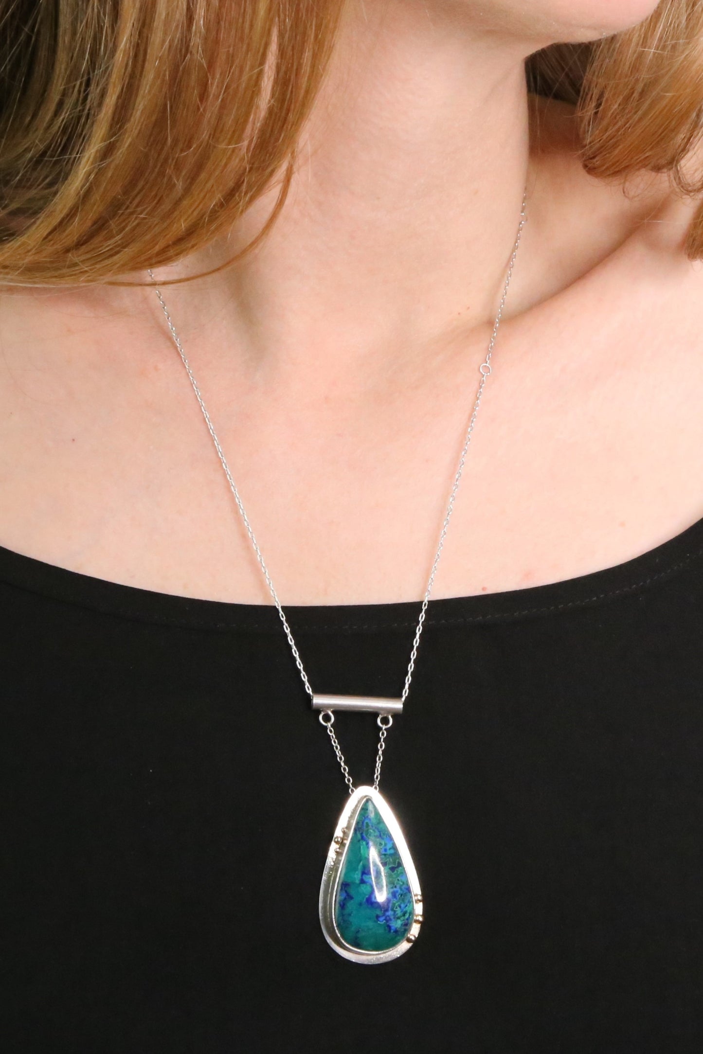 Azurite Malachite Silver and 14k Gold Necklace