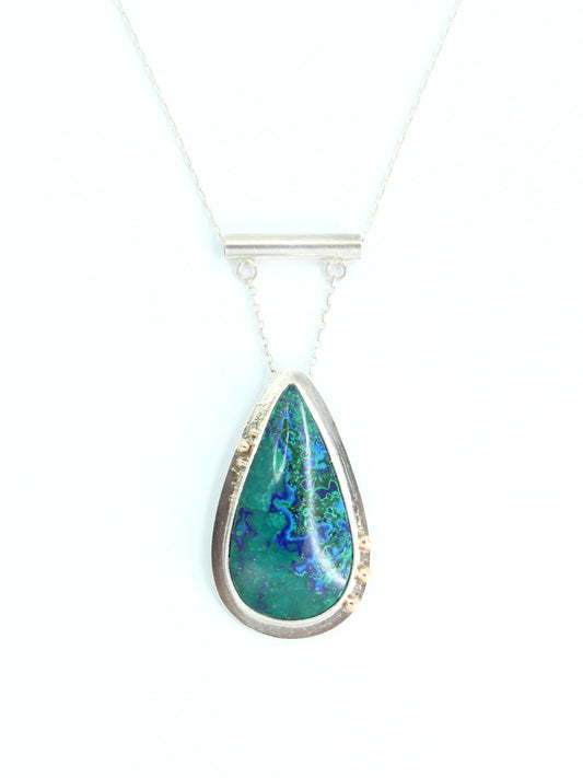 Azurite Malachite Blue Green Teardrop Gemstone Handmade Necklace in Sterling Silver and 14k Gold