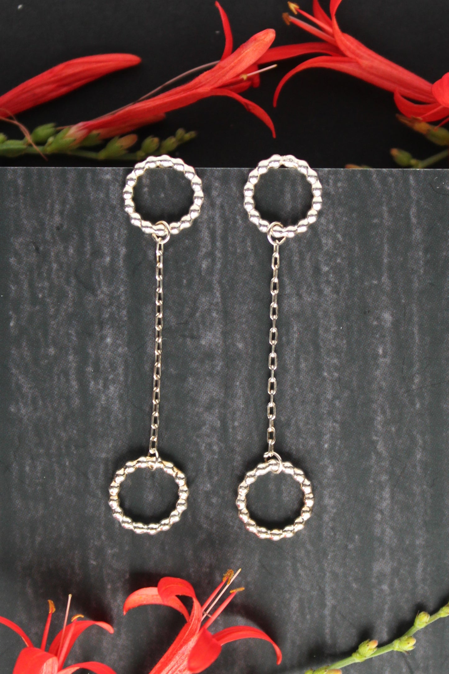 Chained Beaded Circle Sterling Silver Dangle Everyday Earrings. Handmade by Cara Carter Jewelry