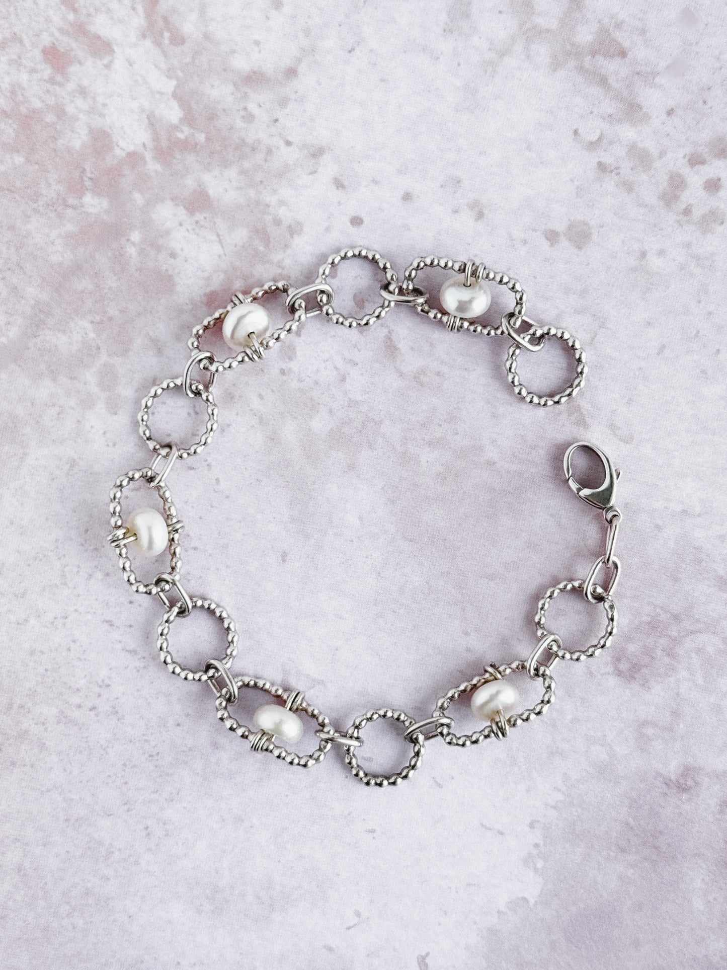 Beaded Oval and Circle Links with Pearls | Sterling Silver Bracelet