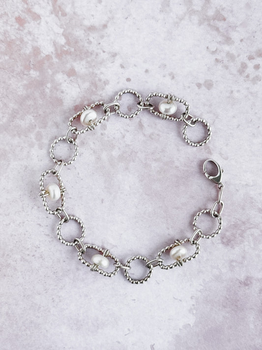 Beaded Oval and Circle Links with Pearls | Sterling Silver Bracelet