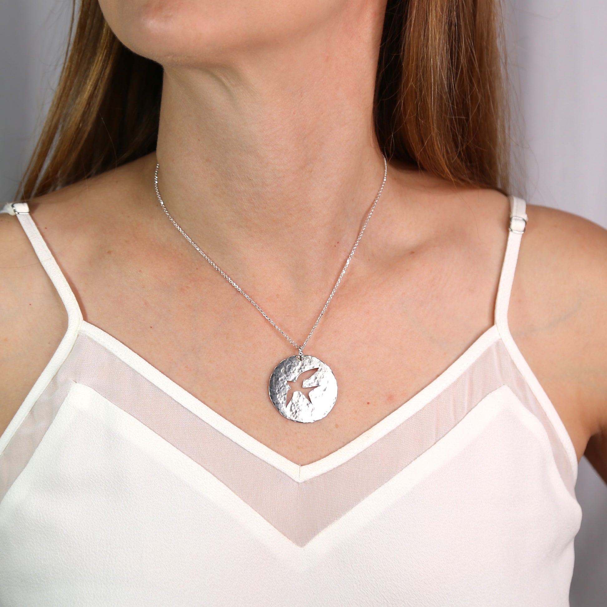 Bird in Flight - Hand-Cut and Hammered Circle Sterling Silver Pendant Necklace - Bird Silhouette 