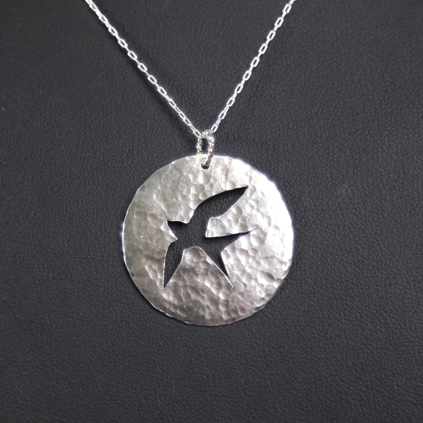 Bird in Flight - Hand-Cut and Hammered Circle Sterling Silver Pendant Necklace - Bird Silhouette 