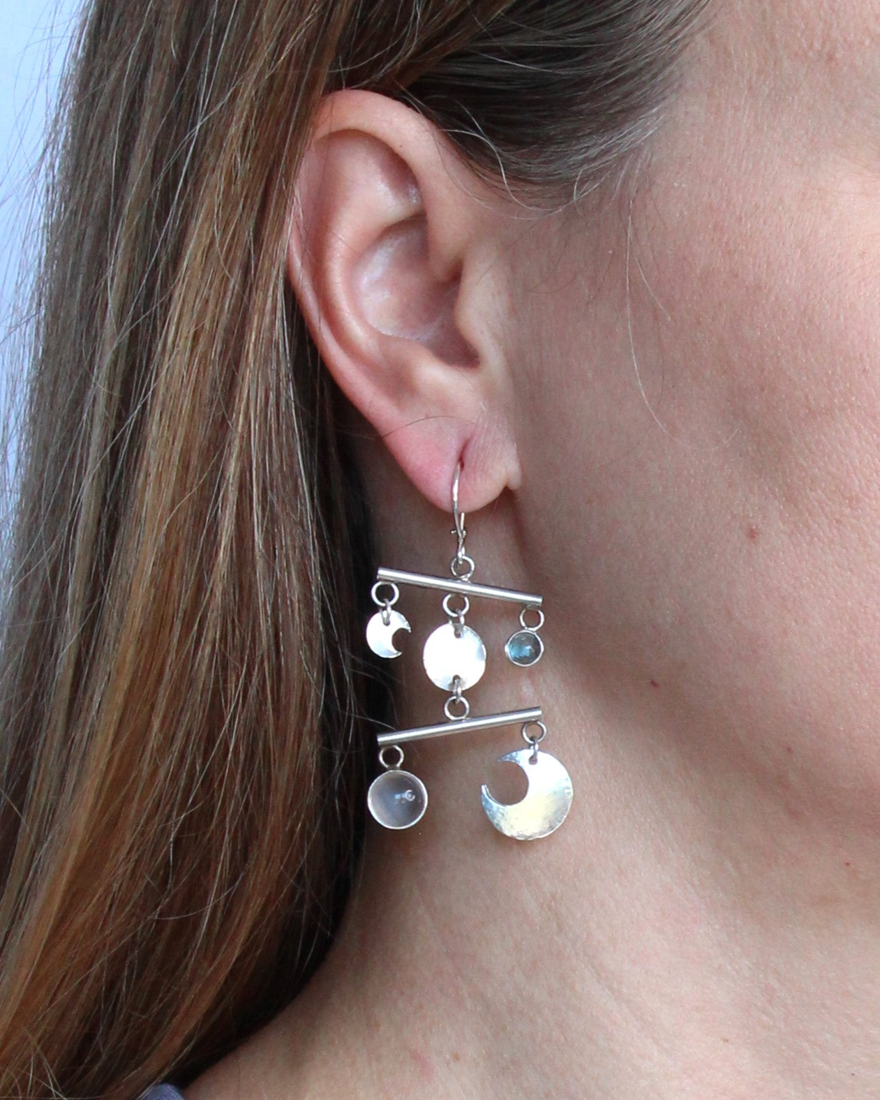 Blue Topaz and Moonstone Sterling Silver Chandelier Earrings with Kidney Ear Wires. One of a Kind and Handmade by Cara Carter Jewelry