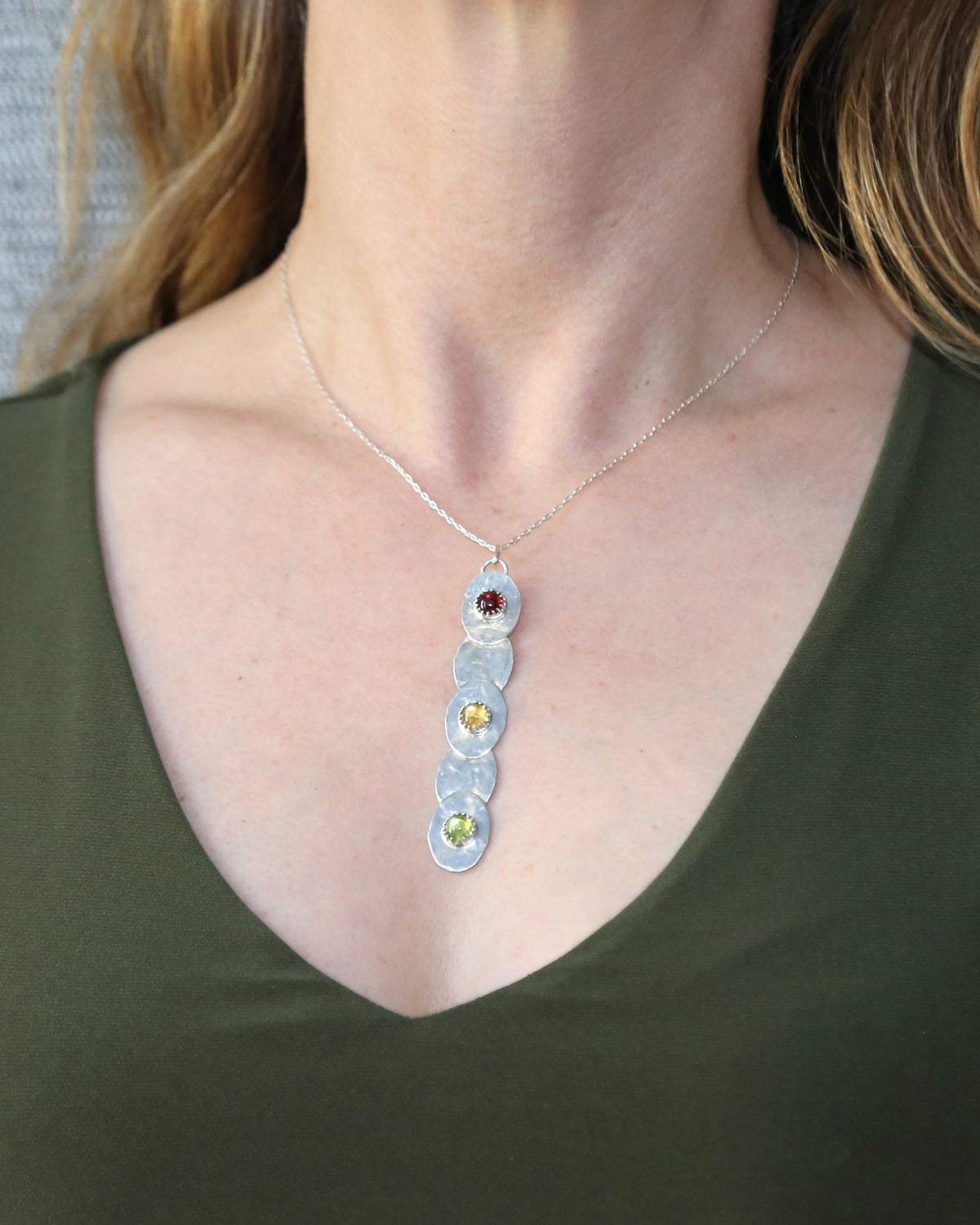 Traffic Light Necklace with Garnet, Citrine, and Peridot