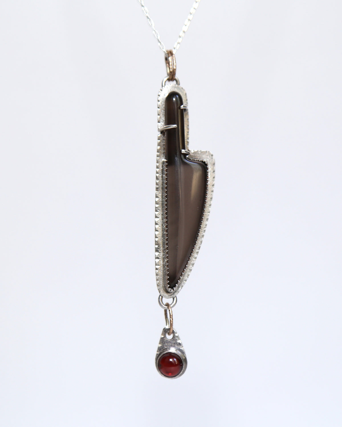 "Deep Cut" Obsidian Knife with Garnet Blood Drop Necklace