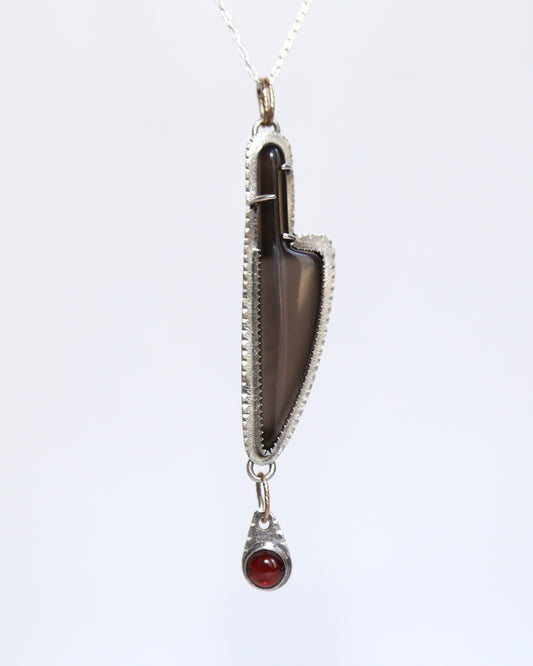 "Deep Cut" Obsidian Knife with Garnet Blood Drop Necklace