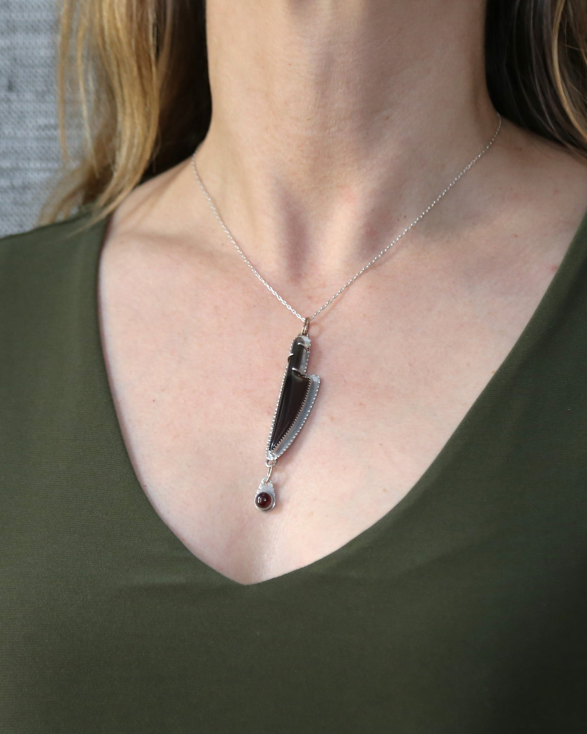 "Deep Cut" Obsidian Knife with Garnet Blood Drop Necklace
