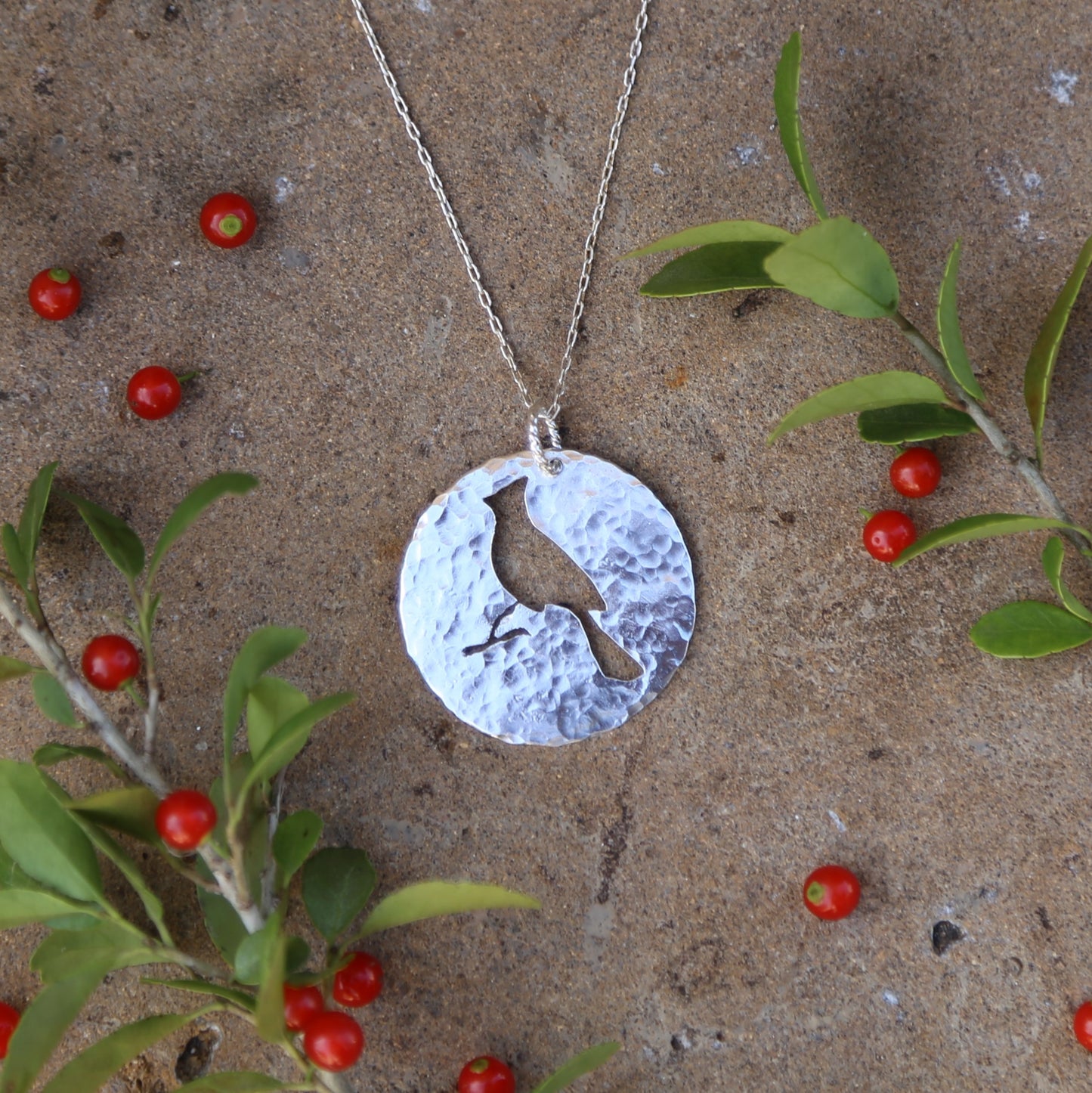 Cardinal Hand-cut and Hammered Circle Sterling Silver Pendant Necklace