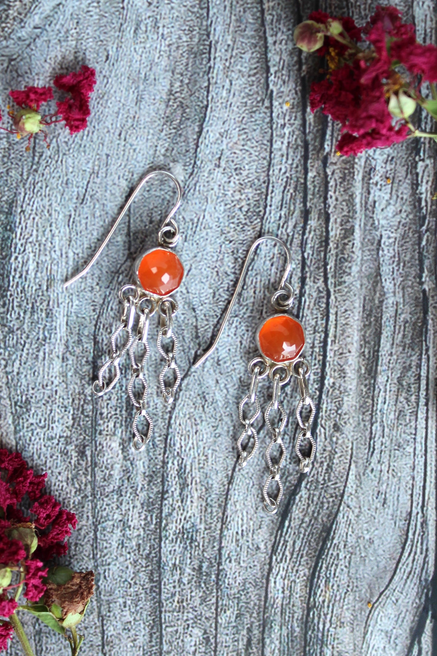 Carnelian Orange Gemstones Sterling Silver Dangle Chain Earrings. One of a kind and handmade by Cara Carter Jewelry