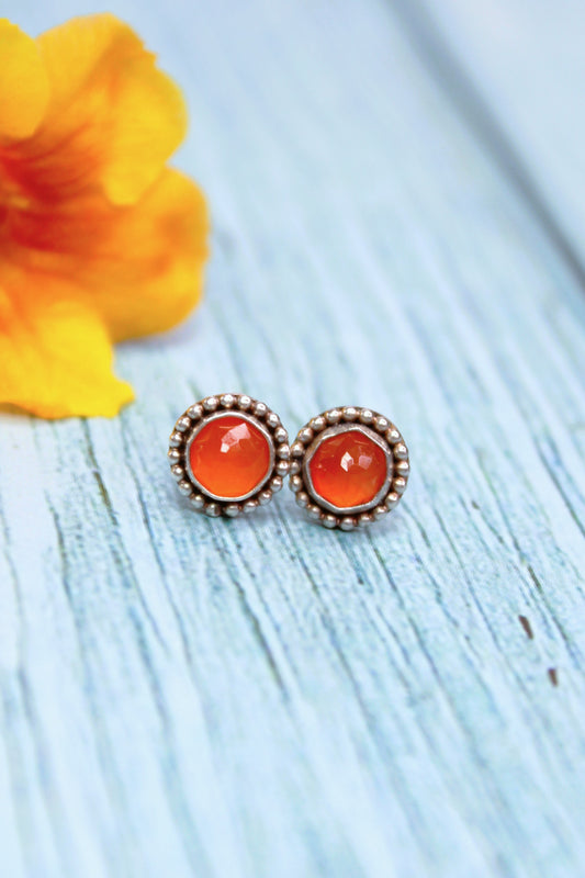 Carnelian Beaded Stud Sterling Silver Earrings