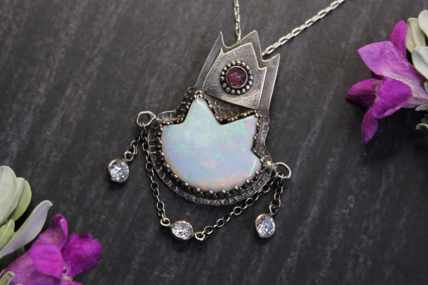 Queen of the Cat Ladies - Monarch Opal and Tourmaline Sterling Silver Necklace