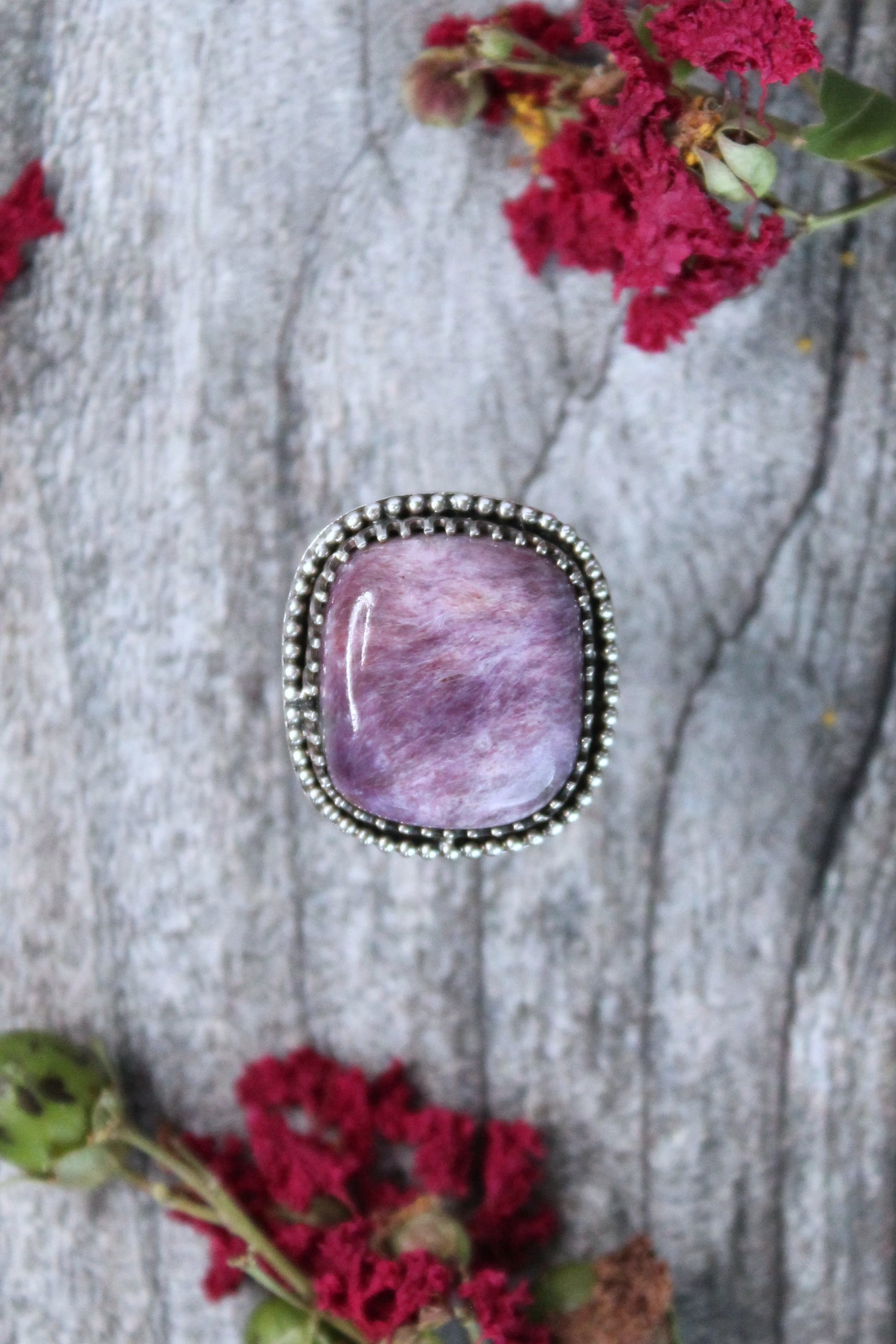 Purple Charoite Gemstone Ring set in Oxidized Sterling Silver with a Smooth Band and Beaded Details. Handmade by Cara Carter Jewelry