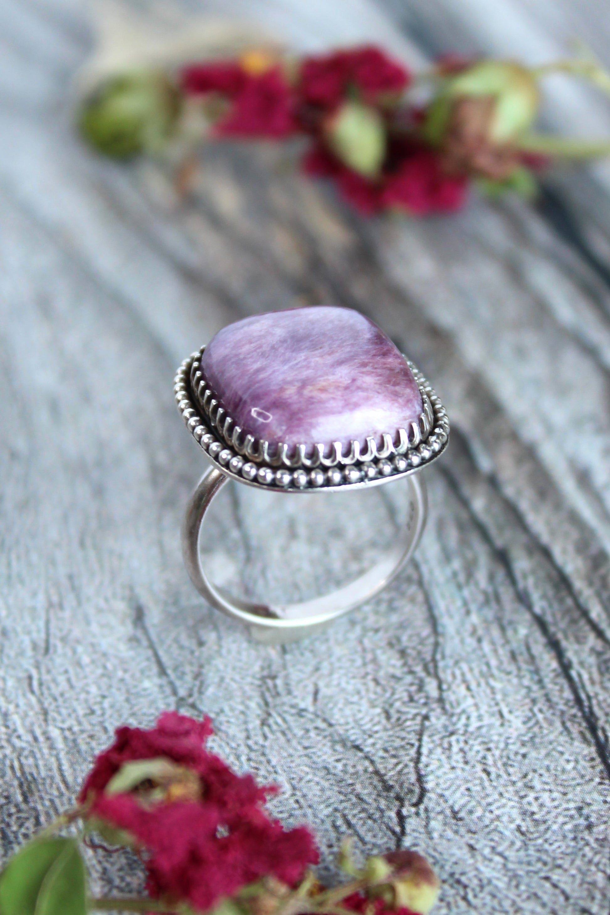 Purple Charoite Gemstone Ring set in Oxidized Sterling Silver with a Smooth Band and Beaded Details. Handmade by Cara Carter Jewelry