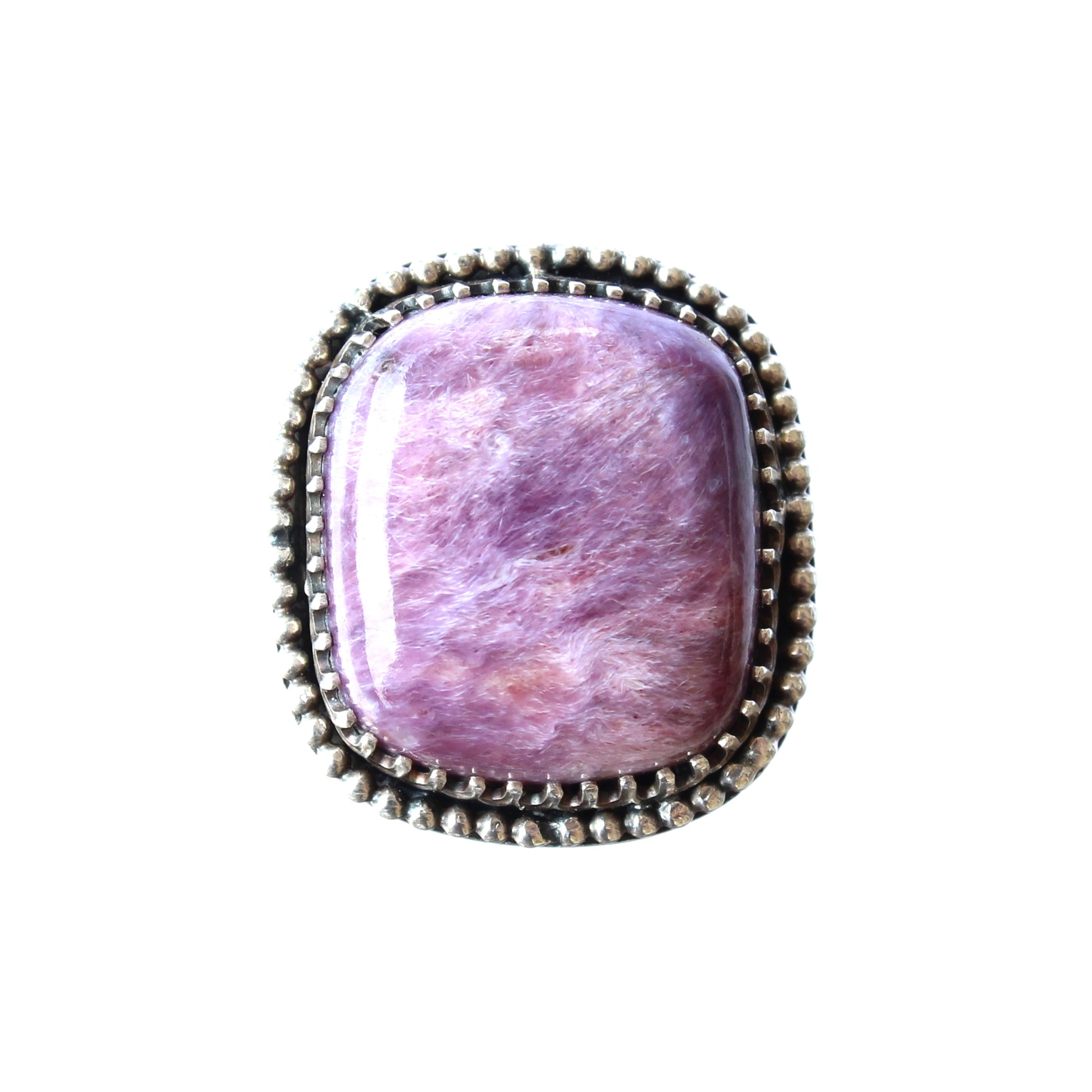 Purple Charoite Gemstone Ring set in Oxidized Sterling Silver with a Smooth Band and Beaded Details. Handmade by Cara Carter Jewelry