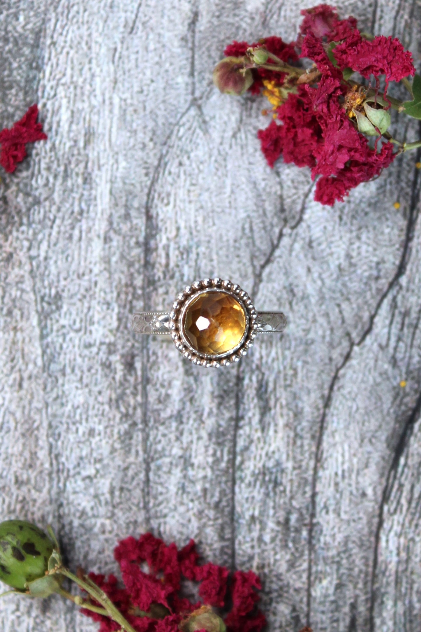 Citrine Yellow Faceted Gemstone Sterling Silver Ring with Beaded Circle Setting and Patterned Band. Handmade by Cara Carter Jewelry