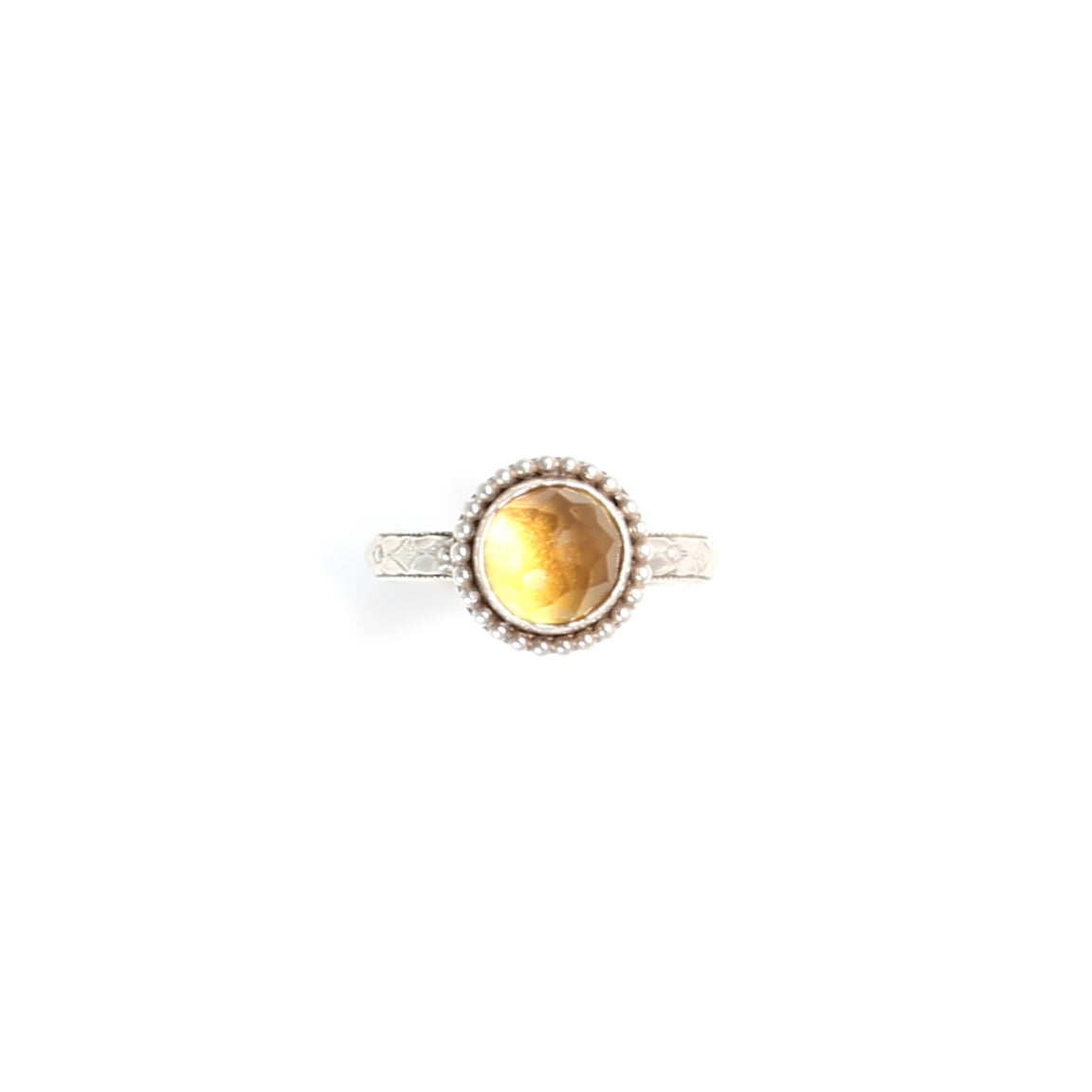 Citrine Yellow Faceted Gemstone Sterling Silver Ring with Beaded Circle Setting and Patterned Band. Handmade by Cara Carter Jewelry