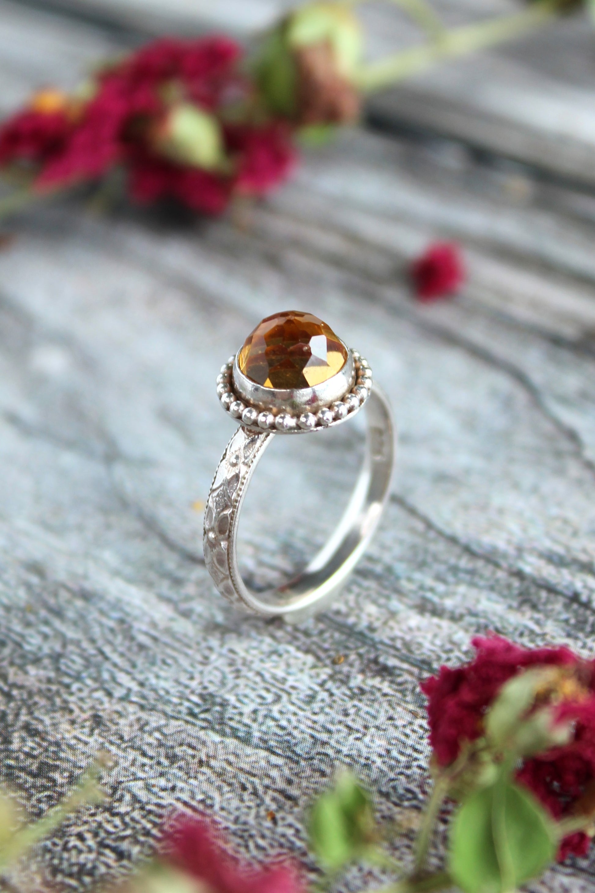 Citrine Yellow Faceted Gemstone Sterling Silver Ring with Beaded Circle Setting and Patterned Band. Handmade by Cara Carter Jewelry