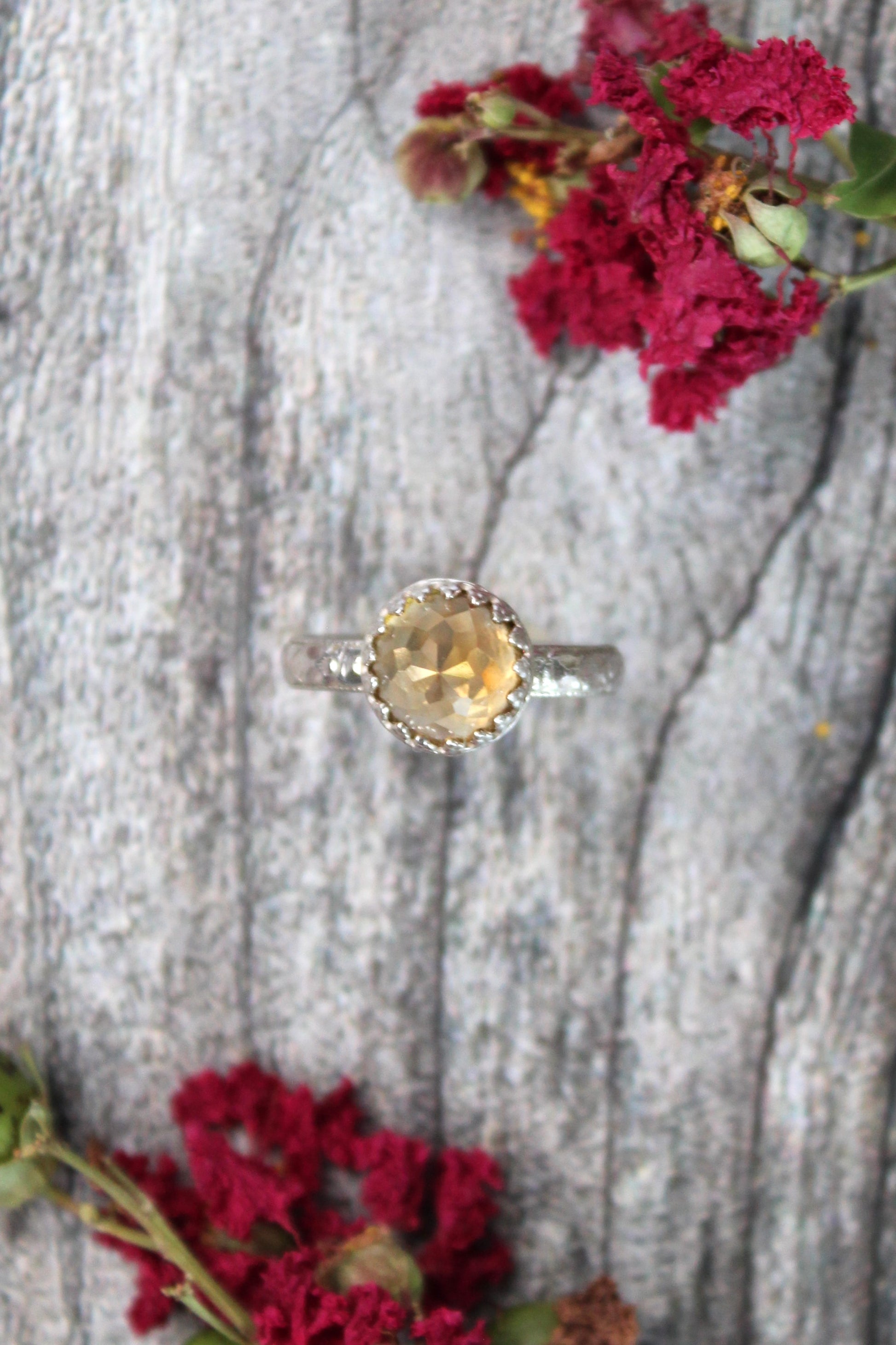 Citrine Yellow Faceted Gemstone Sterling Silver Ring with Patterned Bezel and Band. Handmade by Cara Carter Jewelry