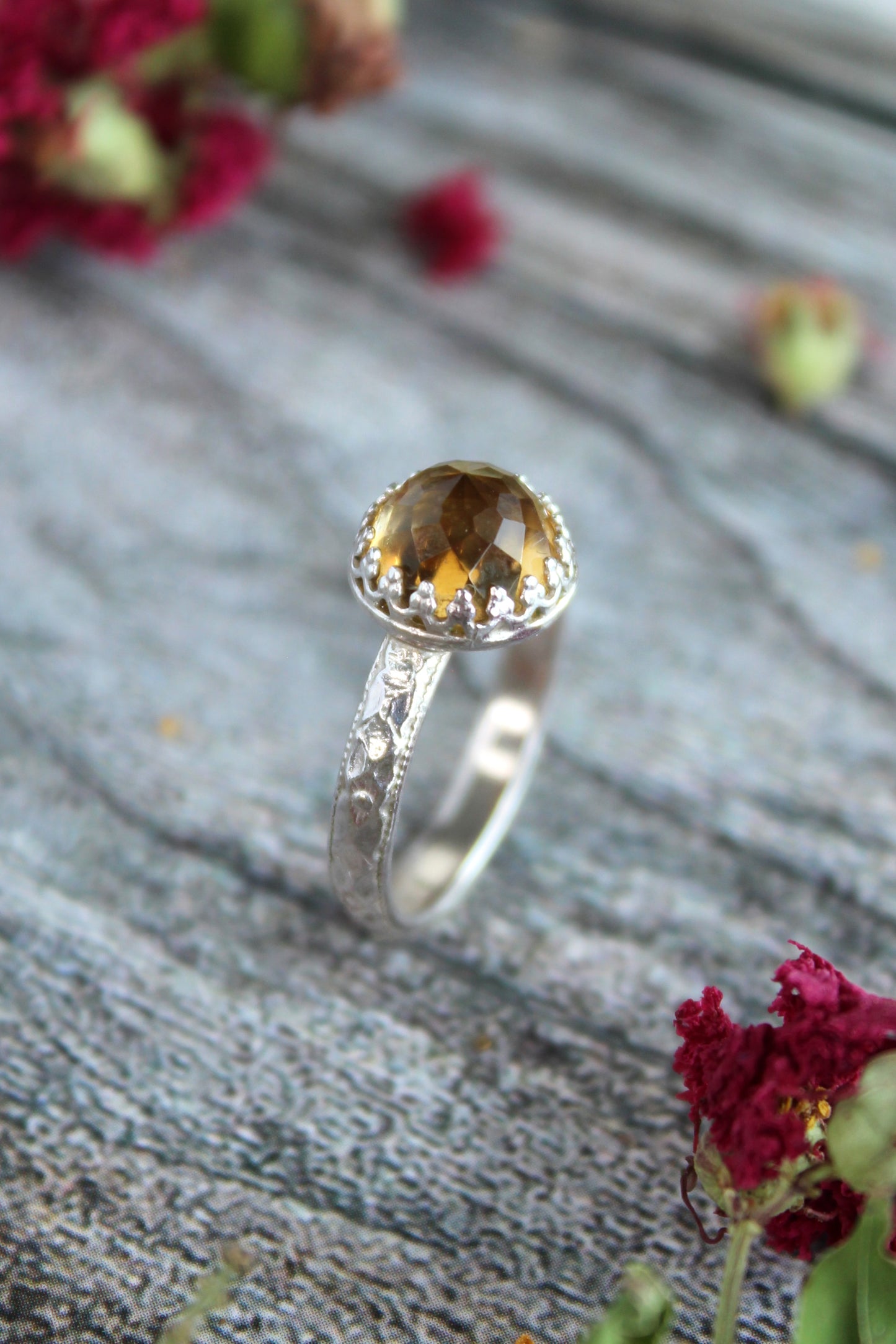 Citrine Yellow Faceted Gemstone Sterling Silver Ring with Patterned Bezel and Band. Handmade by Cara Carter Jewelry