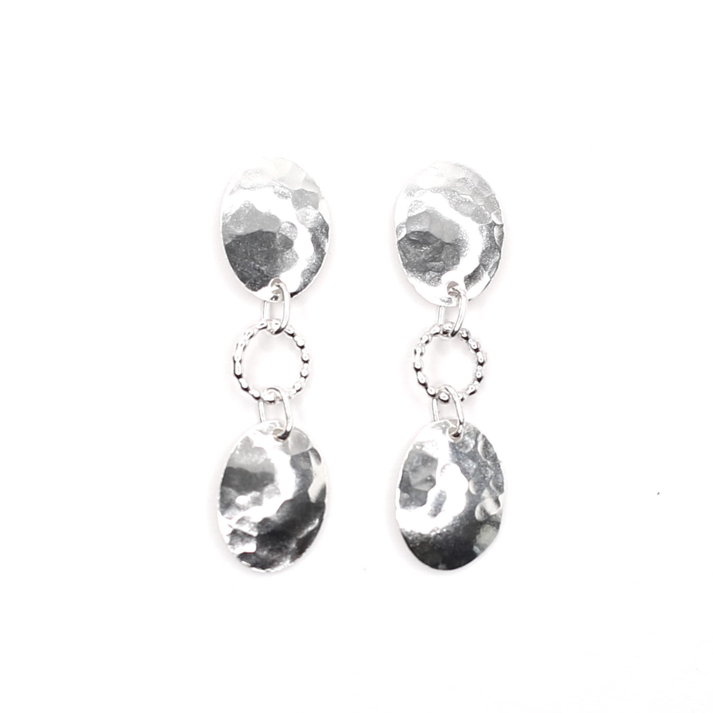 Hammered Shield and Beaded Circle Sterling Silver Dangle Everyday Post Earrings. Handmade by Cara Carter Jewelry