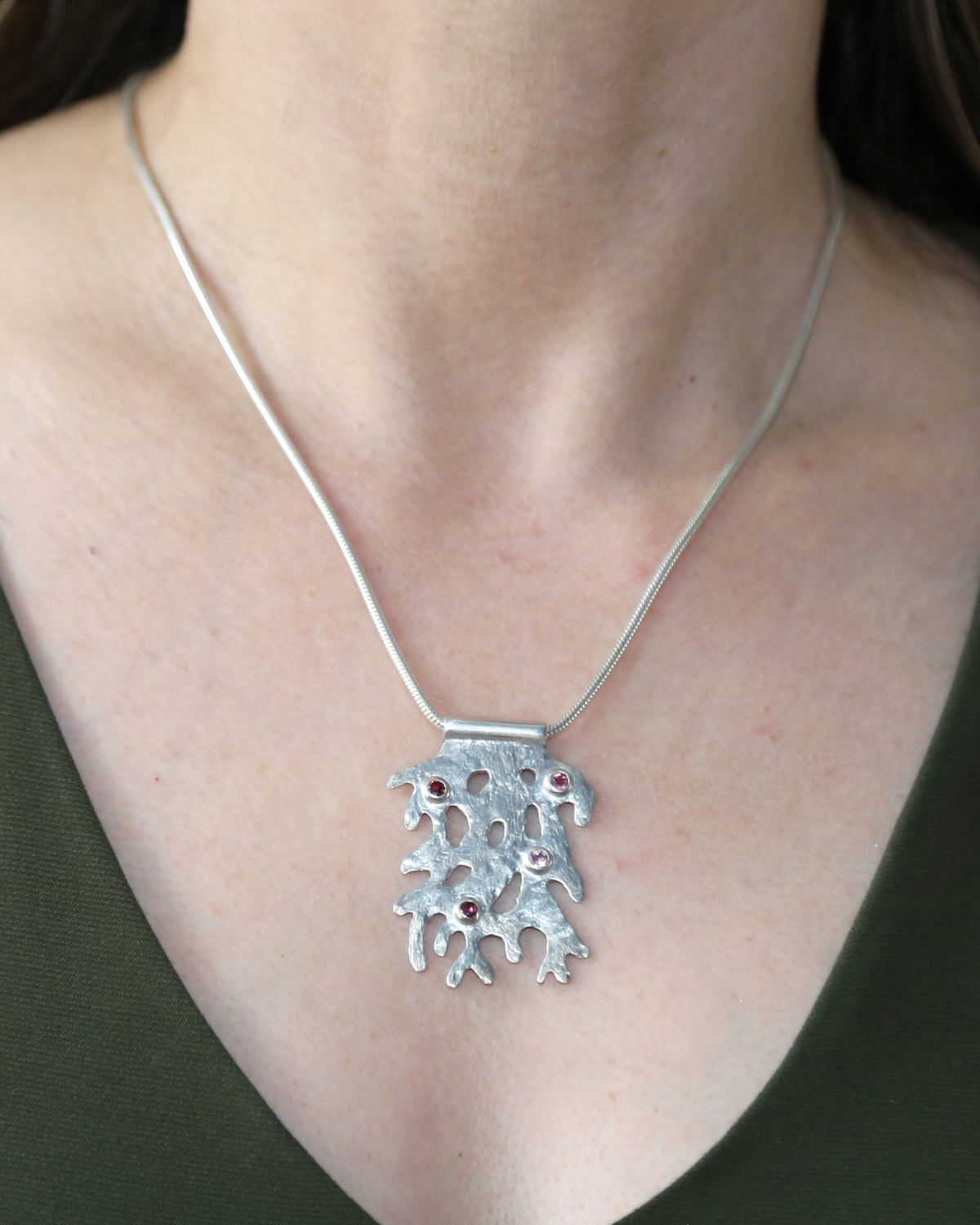 Coral Drift with Pink Tourmalines Hand-Pierced Sterling Silver Necklace