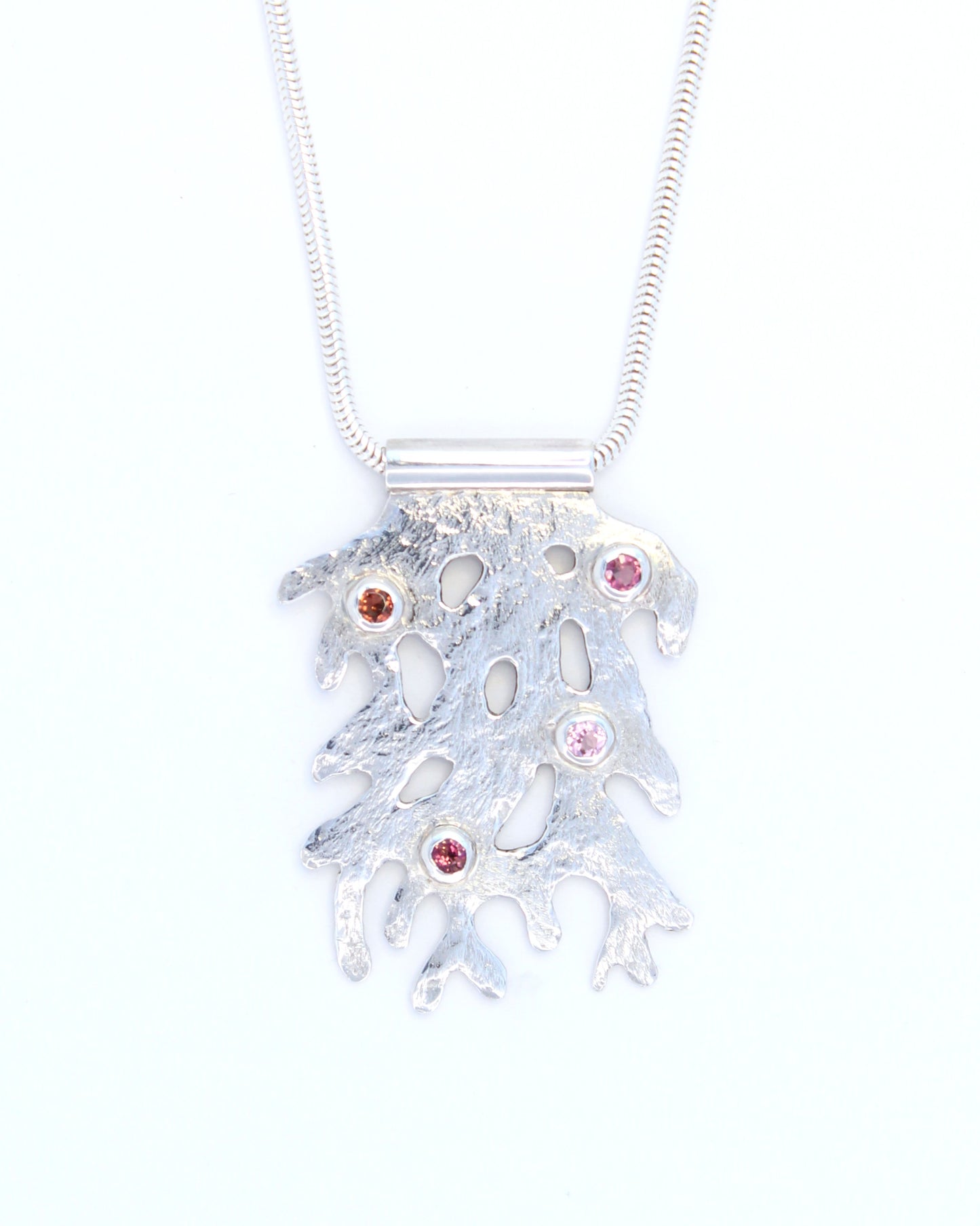 Coral Drift with Pink Tourmalines Hand-Pierced Sterling Silver Necklace