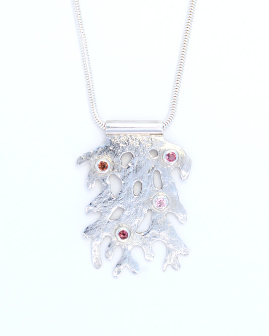 Coral Drift with Pink Tourmalines Hand-Pierced Sterling Silver Necklace