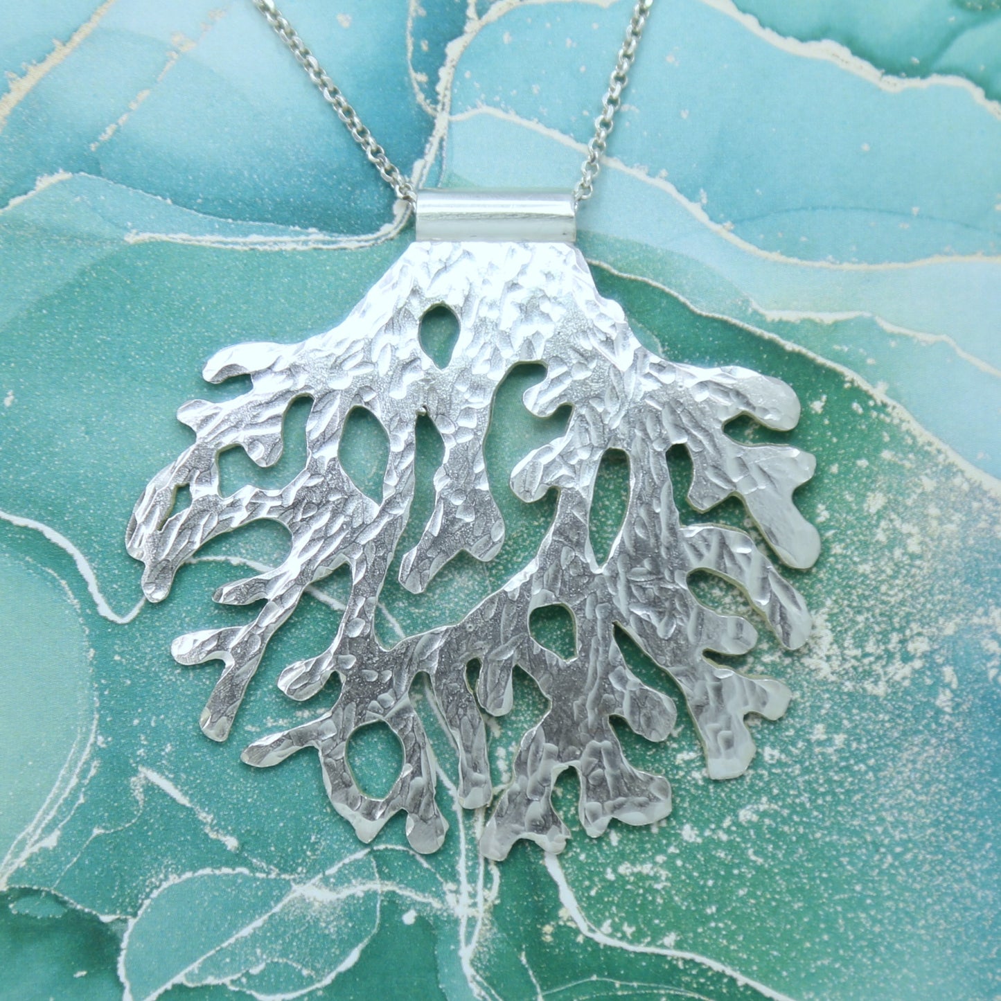 Coral Oasis Sterling Silver Hand Pierced and Hammered Handmade Pendant Necklace by Cara Carter Jewelry