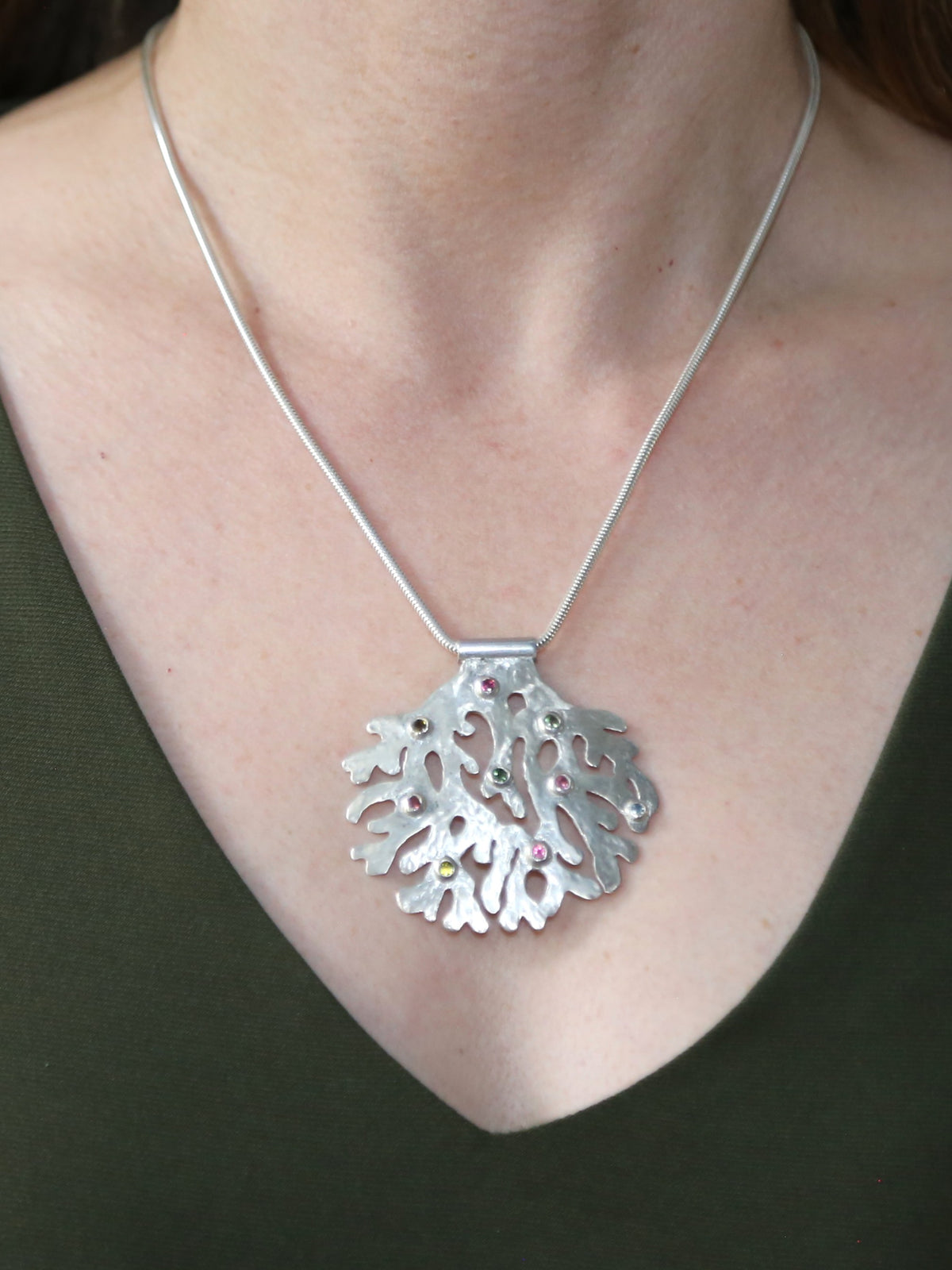 Coral Oasis Hand-Pierced Sterling Silver Necklace with Tourmalines