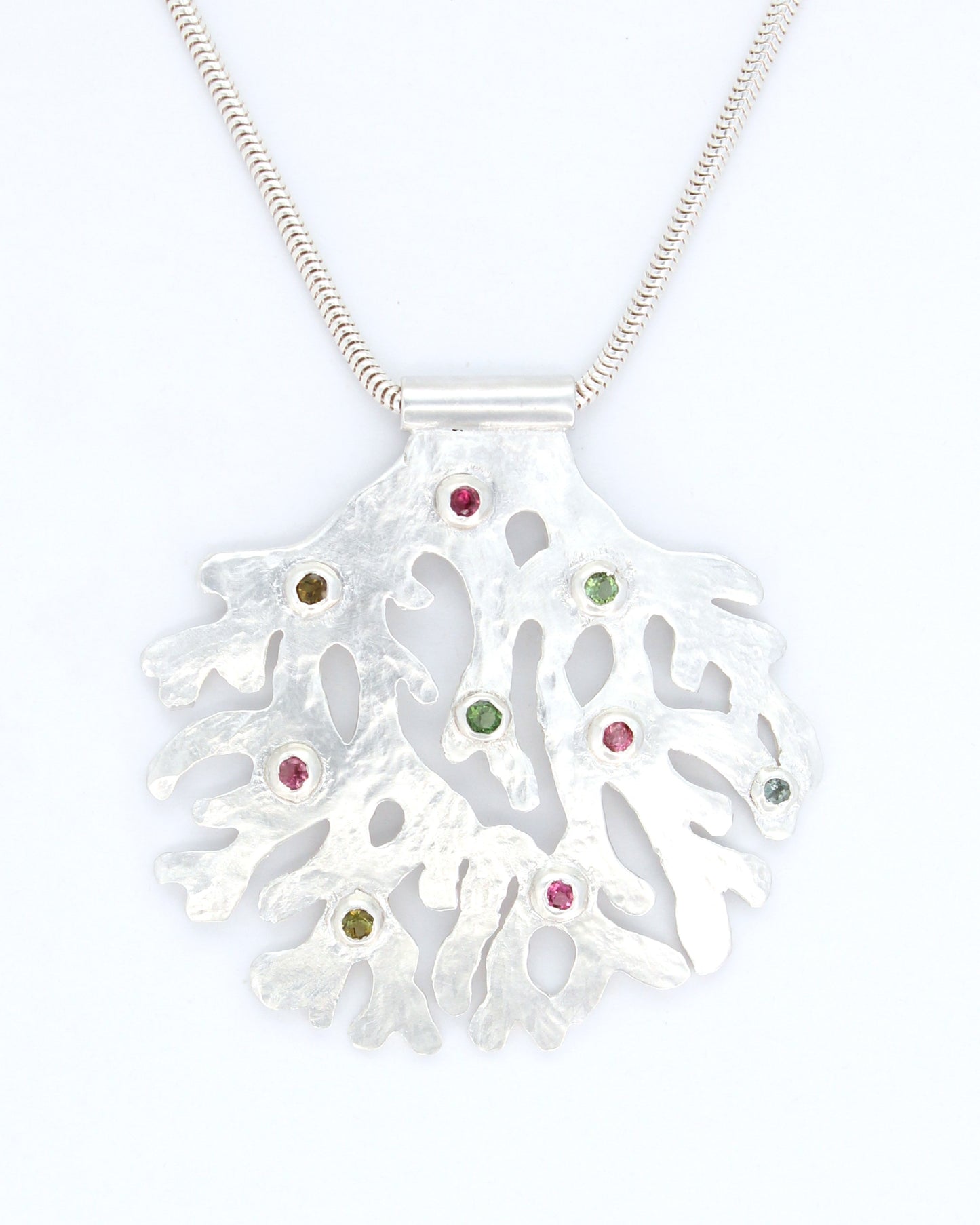 Coral Oasis Hand-Pierced Sterling Silver Necklace with Tourmalines