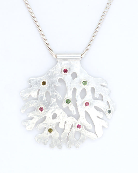 Coral Oasis Hand-Pierced Sterling Silver Necklace with Tourmalines