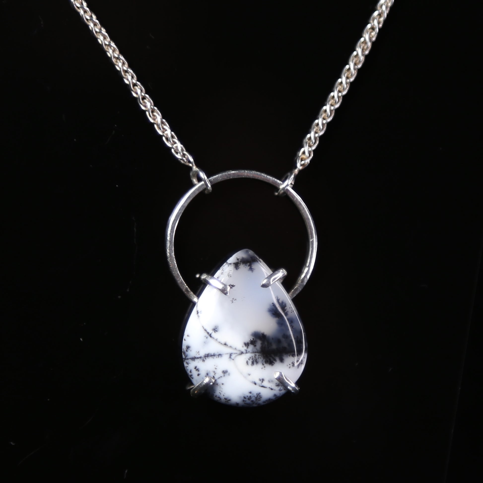 Dendritic Opal White and Black Teardrop Gemstone in Sterling Silver Halo Setting on Wheat Chain